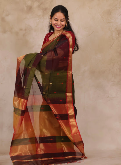 Wine & Green Handloom Maheswari Silk Cotton Sarees | Looms & Tassels