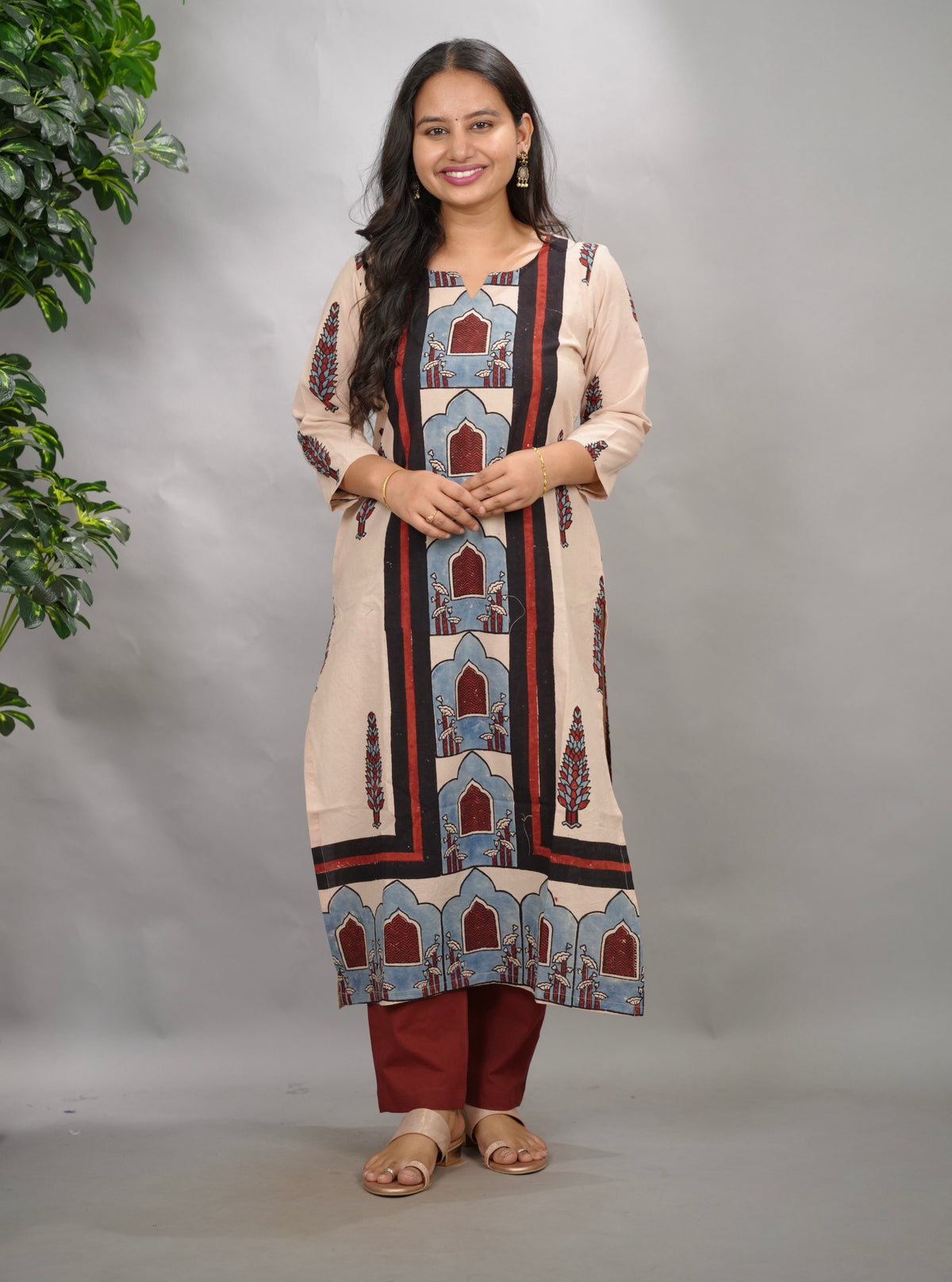 Cream Ajrakh Pattern Hand Block printed Kurti | Looms & Tassels