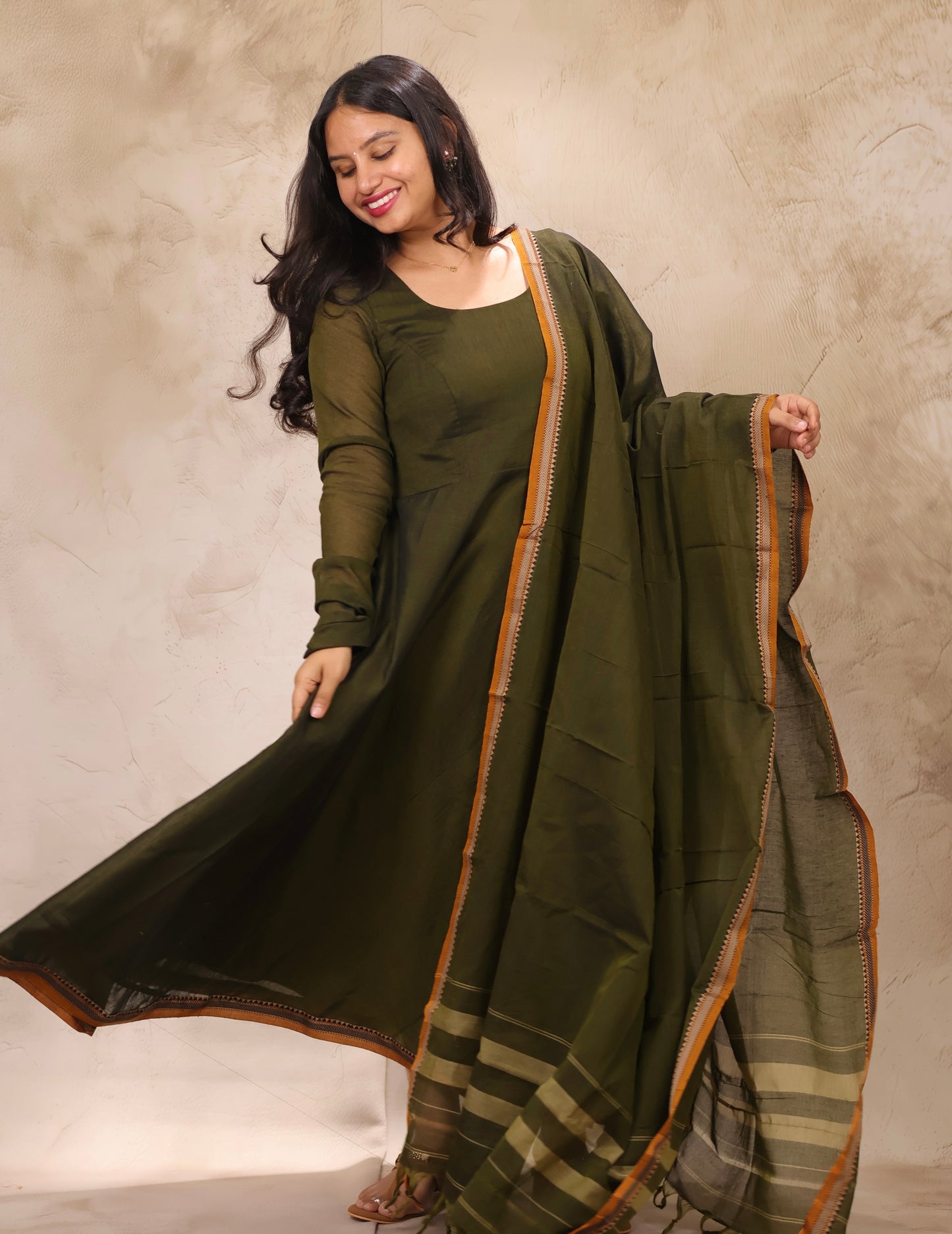Mehendi Green Narayanpet Cotton Anarkali Dress with Narayanpet Dupatta | Looms & Tassels