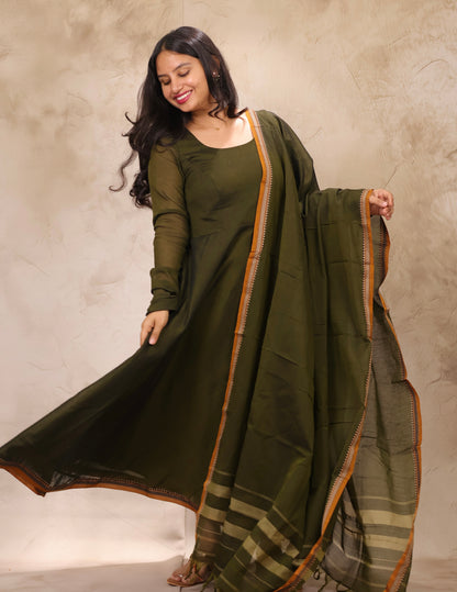 Mehendi Green Narayanpet Cotton Anarkali Dress with Narayanpet Dupatta | Looms & Tassels