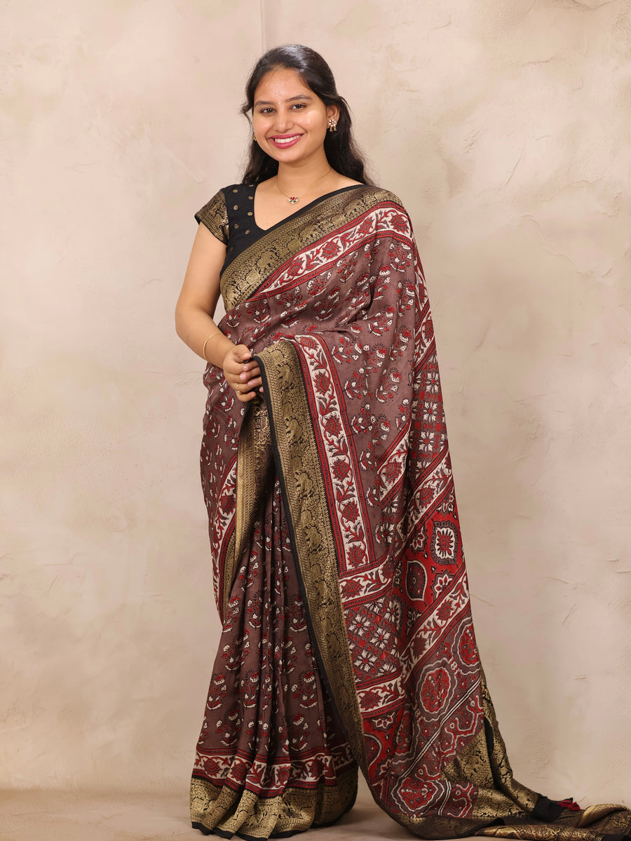 Dusty Brown Ajrakh Handblock printed Dola Silk Saree | Looms & Tassels
