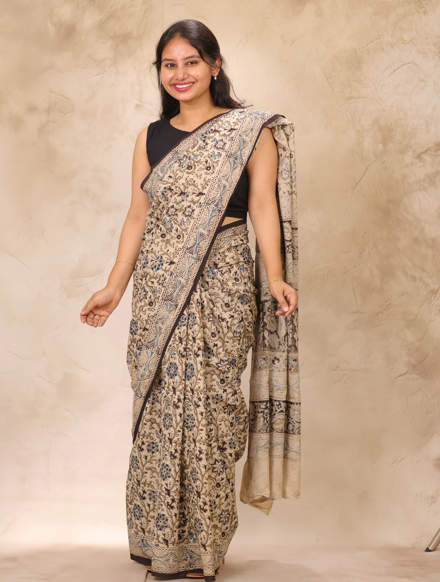 Cream Hand Block Printed Kalamkari Cotton Saree | Looms & Tassels