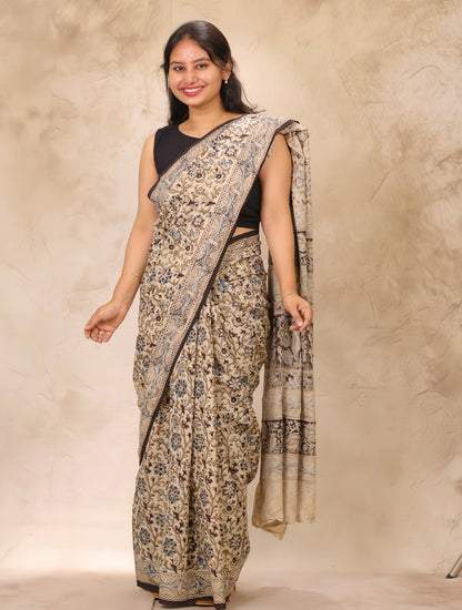 Cream Hand Block Printed Kalamkari Cotton Saree | Looms & Tassels