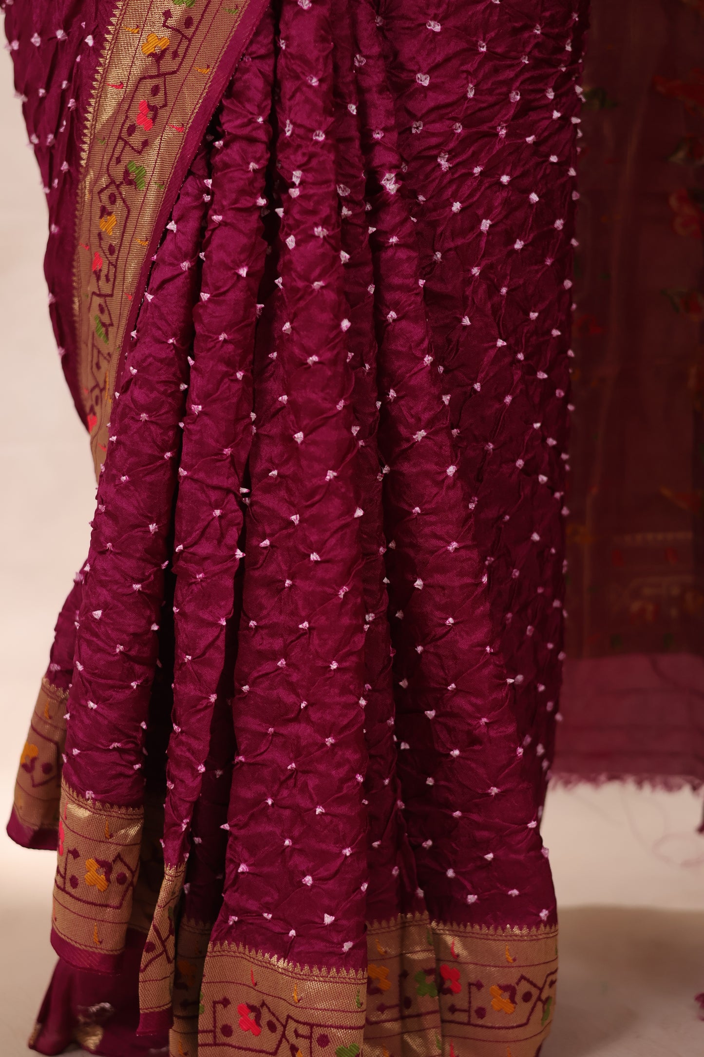 Magenta Handcrafted Bandhani Paithani Dola Silk Saree | Looms & Tassels