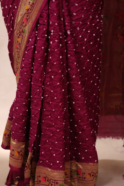 Magenta Handcrafted Bandhani Paithani Dola Silk Saree | Looms & Tassels