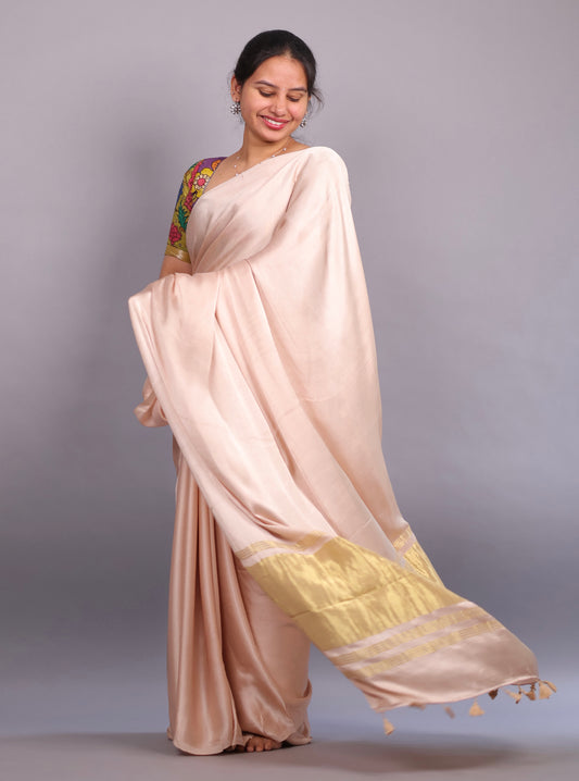 Beige Plain Modal Silk Saree with Lagdi Pallu | Looms & Tassels