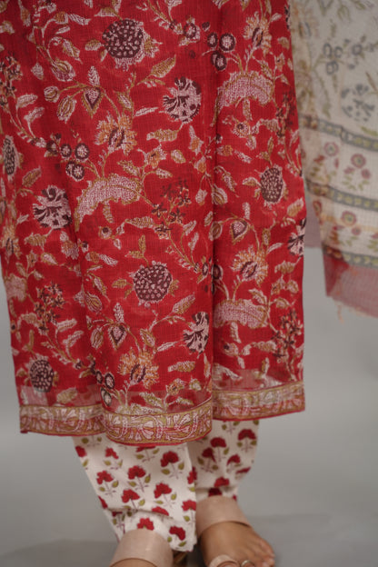 Red Handblock printed kota 3 piece suit (stitched)