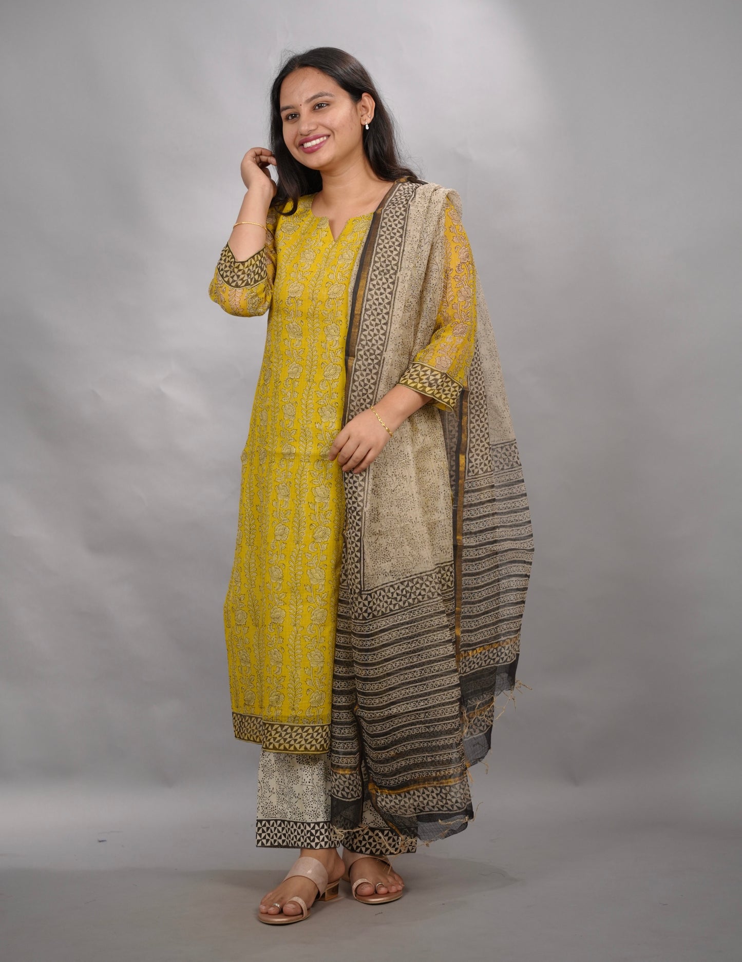 Yellow Handblock printed kota 3 piece suit (stitched)| Looms & Tassels