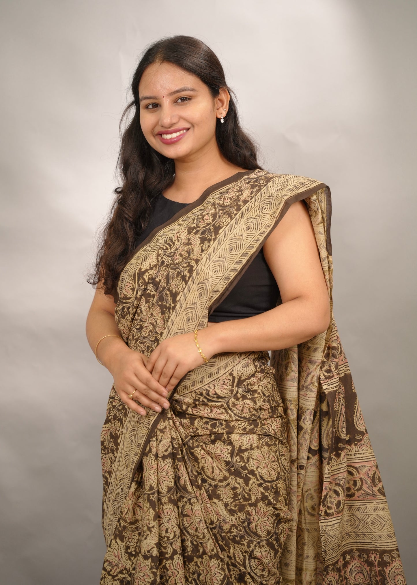 Mehendi Green Hand Block Printed Kalamkari Cotton Saree | Looms & Tassels