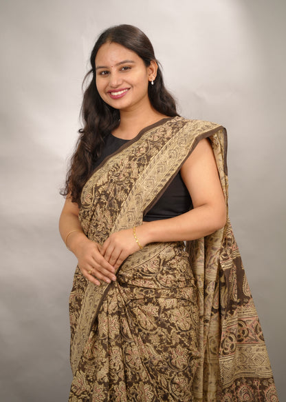 Mehendi Green Hand Block Printed Kalamkari Cotton Saree | Looms & Tassels