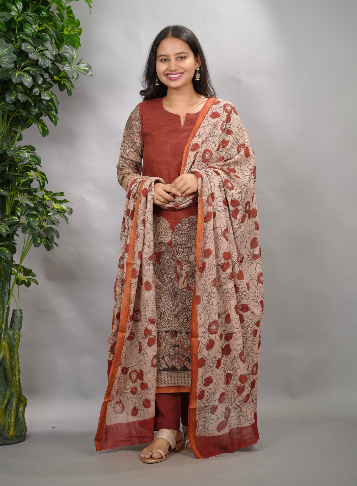 Maroon Kalamkari Kota Cotton 3 piece suit (stitched) | Looms & Tassels