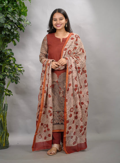 Maroon Kalamkari Kota Cotton 3 piece suit (stitched) | Looms & Tassels