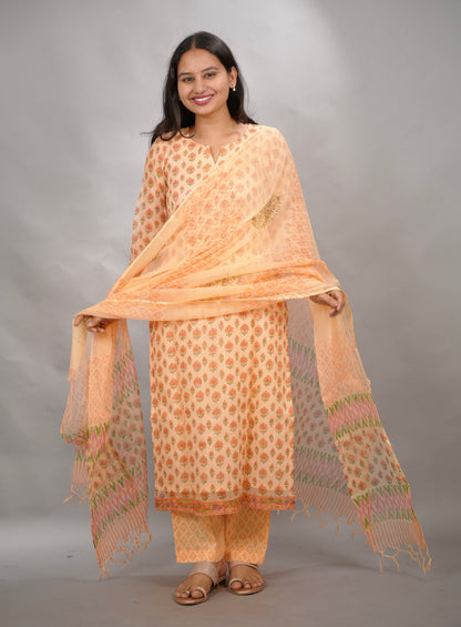 Handblock printed kota 3 piece suit (stitched)| Looms & Tassels