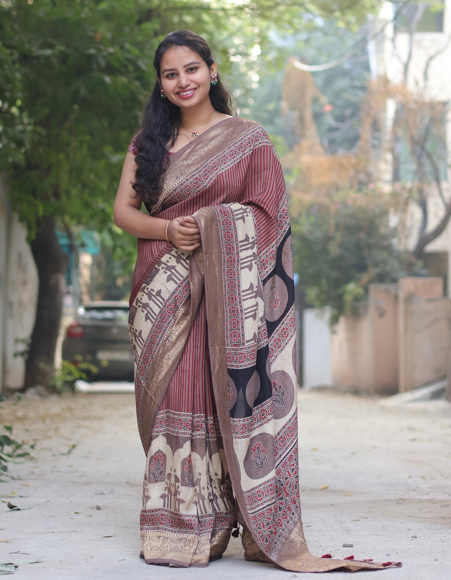 Contemporary Ajrakh Handblock Printed Dola Silk Saree