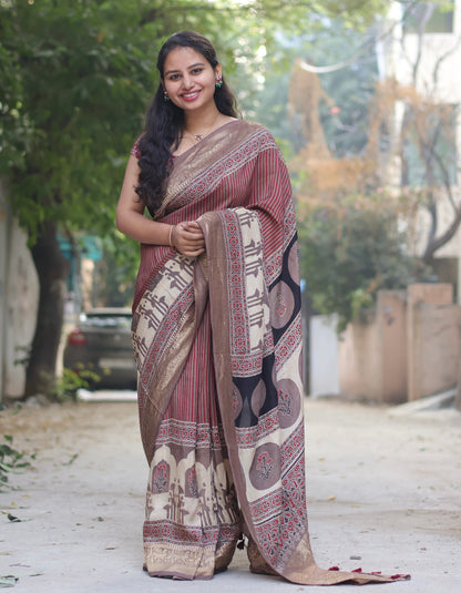 Contemporary Ajrakh Handblock Printed Dola Silk Saree