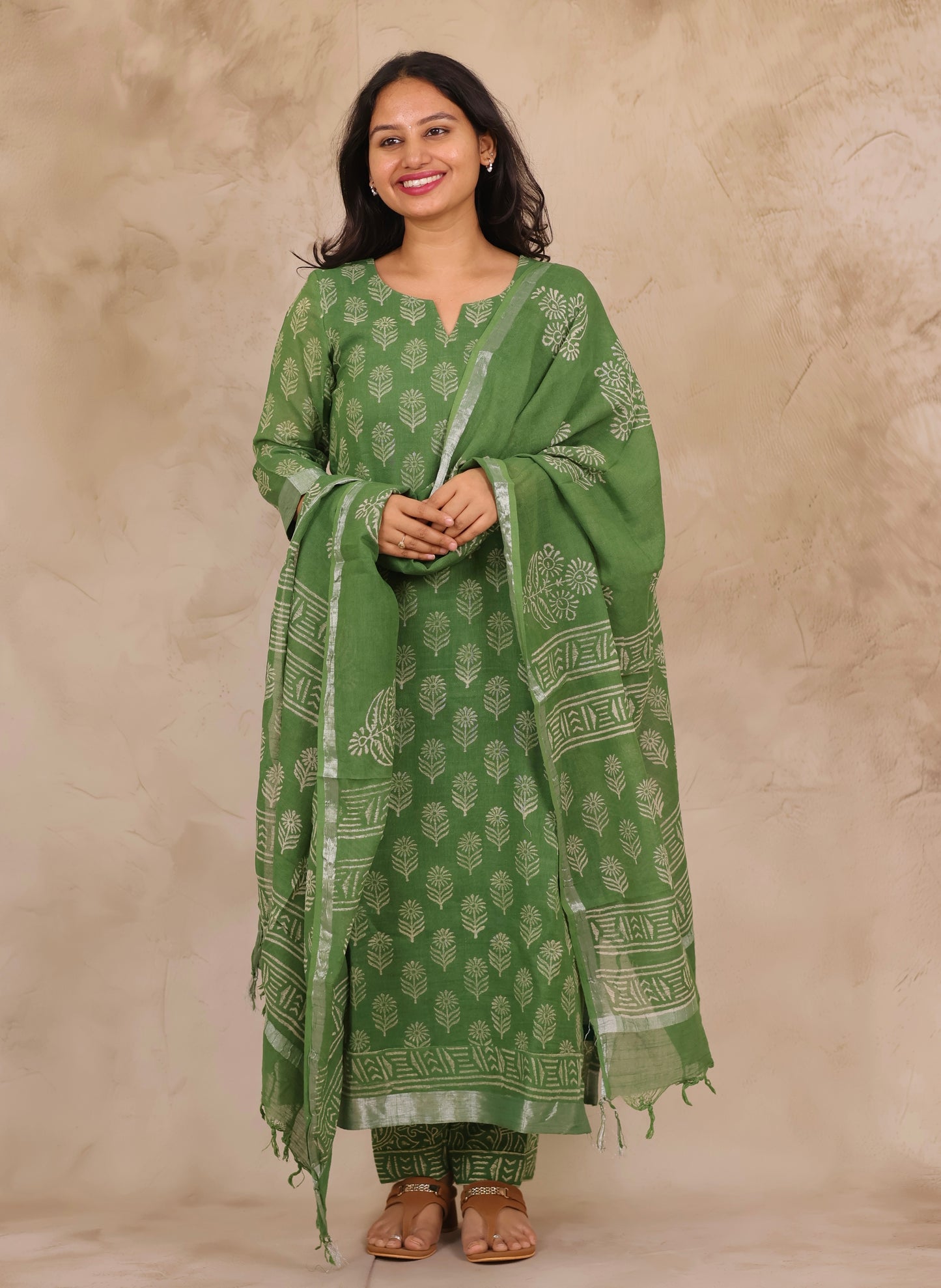 Green Linen Cotton Handblock printed 3 piece suit (stitched)