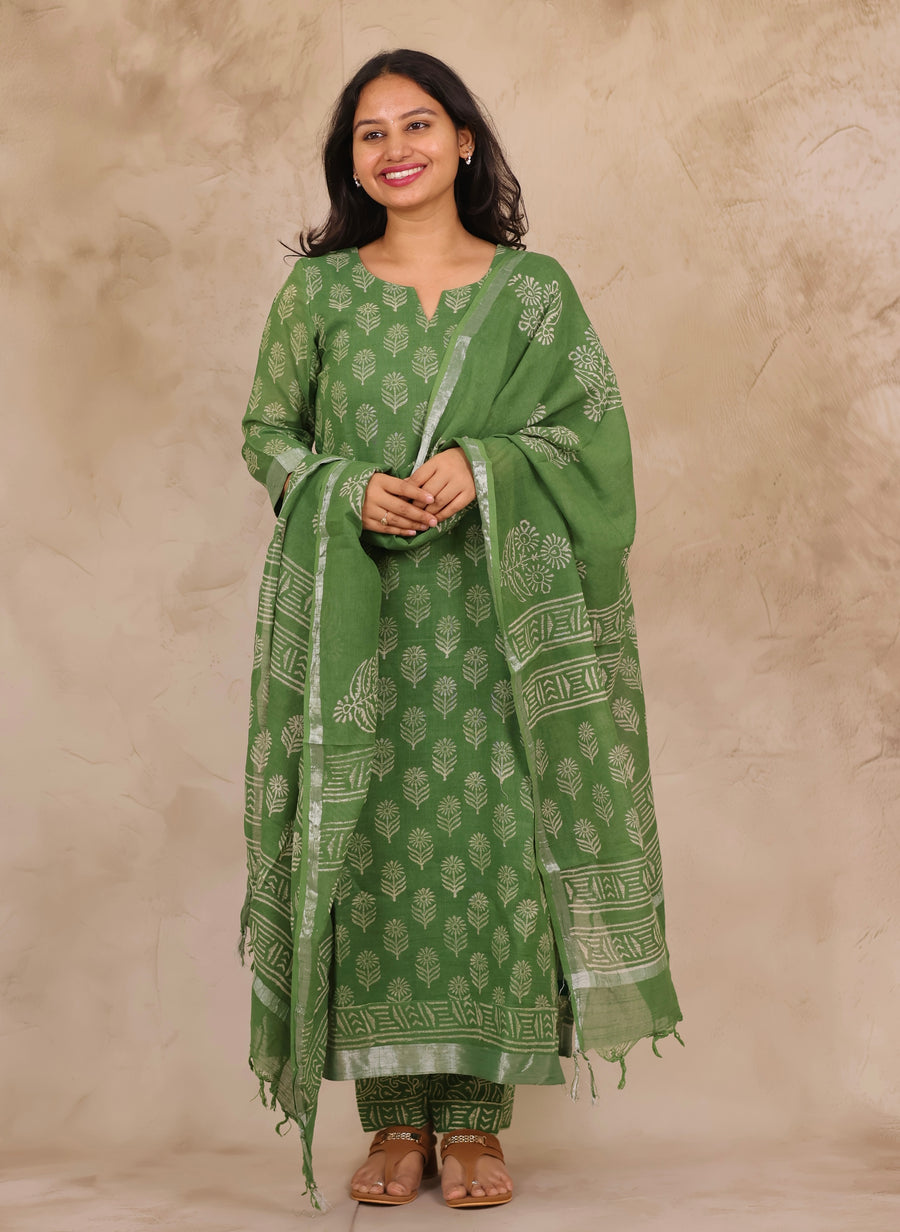 Green Linen Cotton Handblock printed 3 piece suit (stitched)