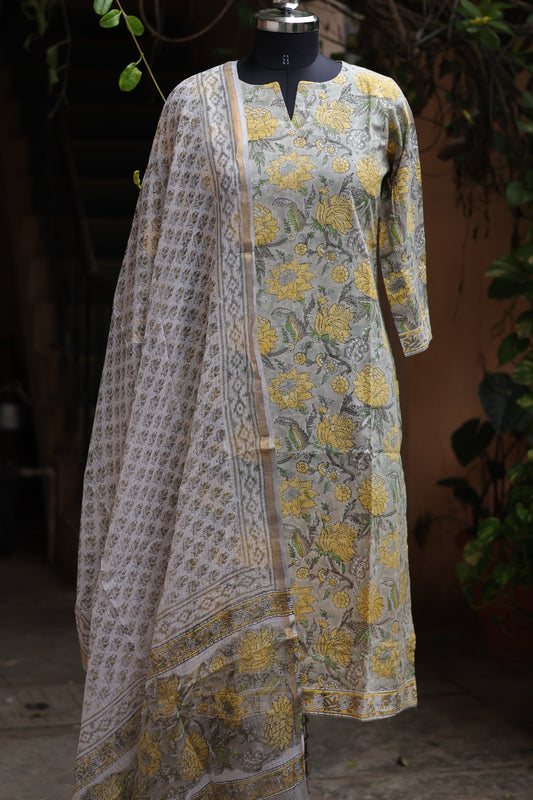 Grey Handblock printed Pure Mul Cotton with Kota Doria Duppata 3 piece suit (stitched)