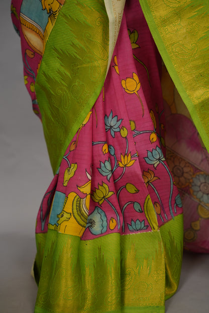 Pink Hand Drawn Pen Kalamkari Bangalore Silk Kanchi Border Saree | Looms & Tassels