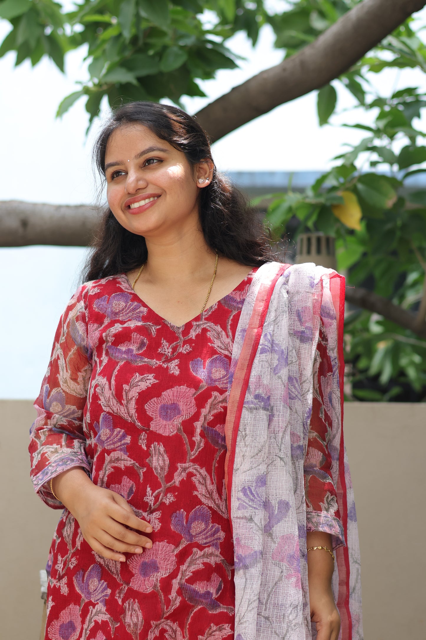 Red Handblock printed kota 3 piece suit (stitched)