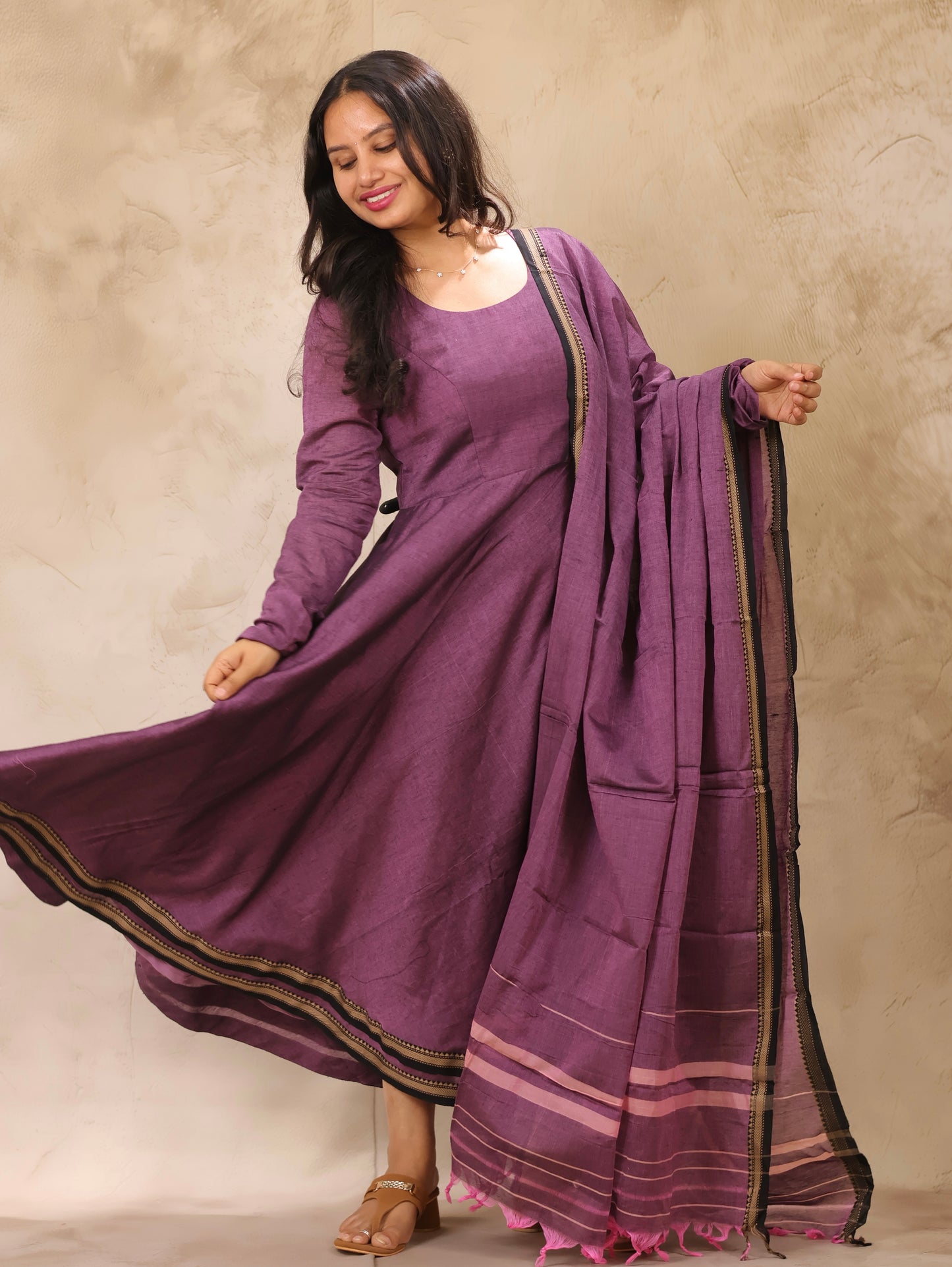 Lavender Narayanpet Cotton Anarkali Dress with Narayanpet Dupatta | Looms & Tassels