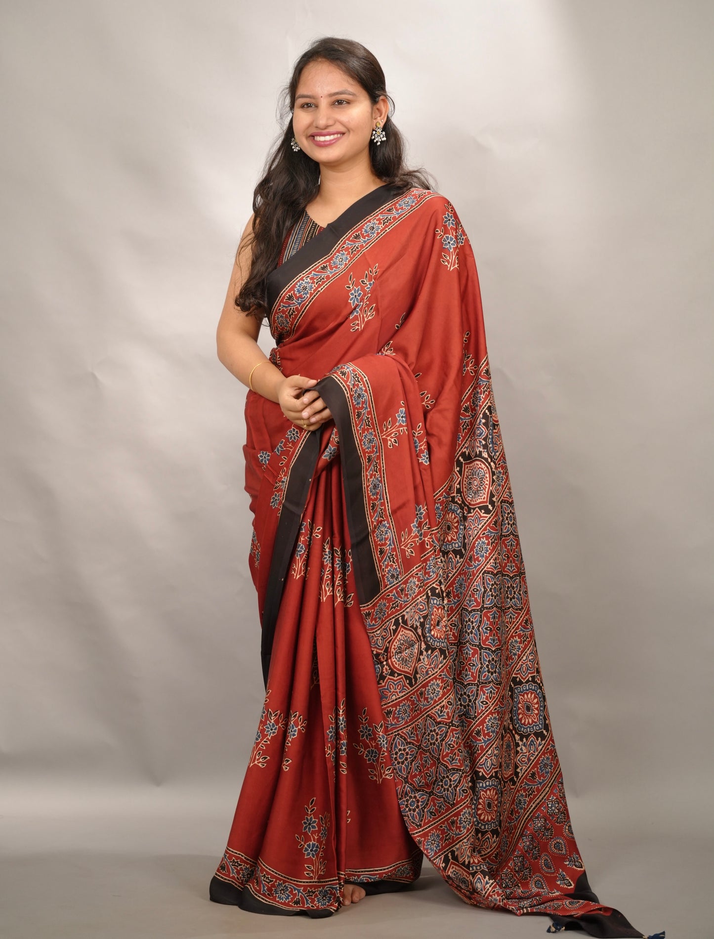 Maroon Authentic Ajrakh Handblock Printed Modal Silk Saree | Looms & Tassels