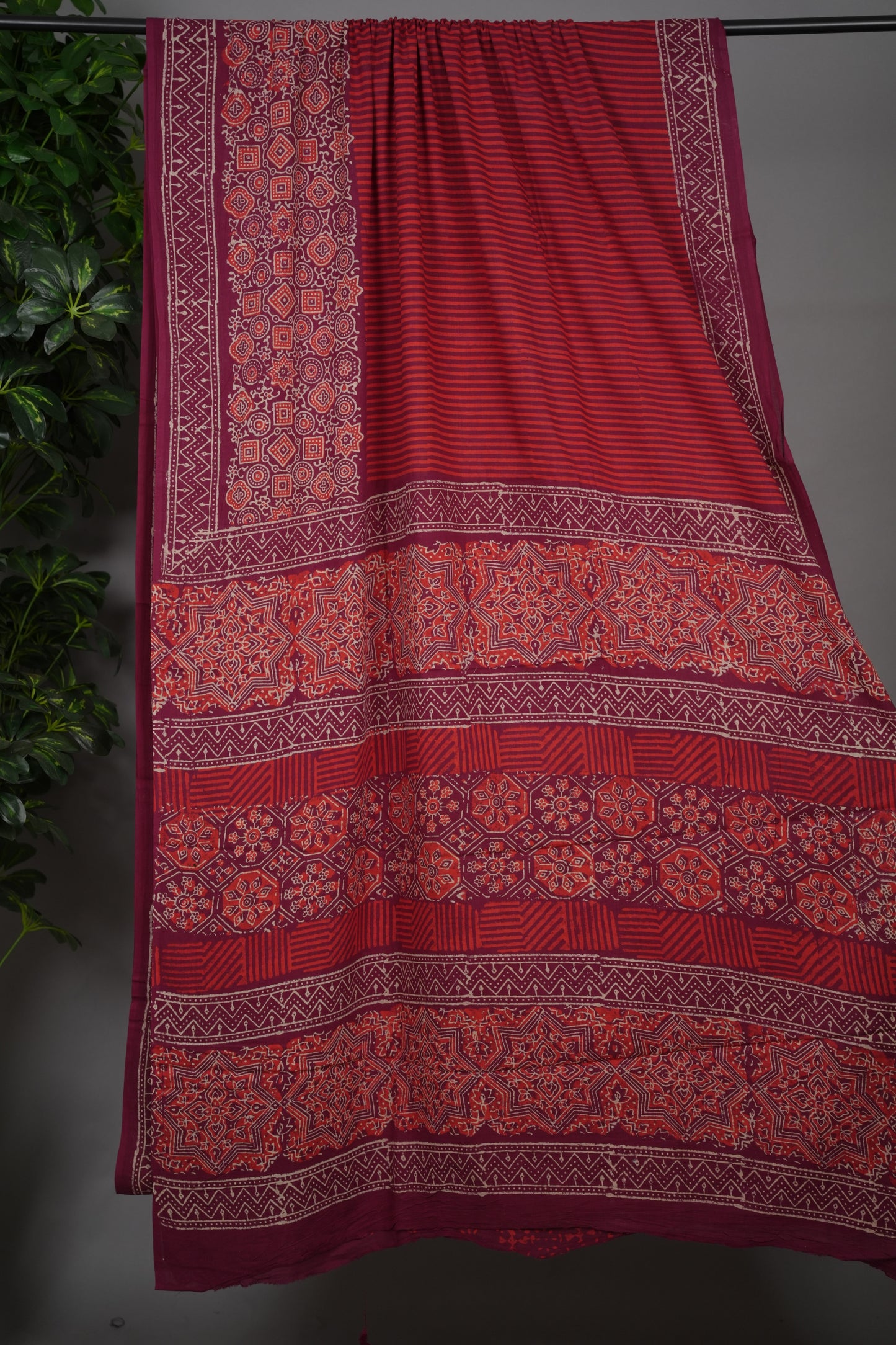 Maroon Bagru Handblock printed MulMul cotton saree | Looms & Tassels