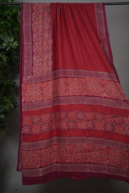 Maroon Bagru Handblock printed MulMul cotton saree | Looms & Tassels