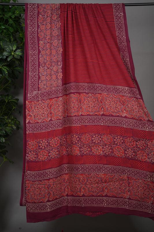 Maroon Bagru Handblock printed MulMul cotton saree | Looms & Tassels