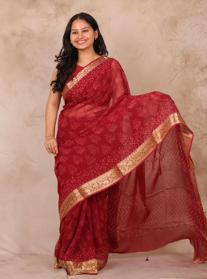 Chiffon Hand Block Printed Saree with Jari Border | Looms & Tassels