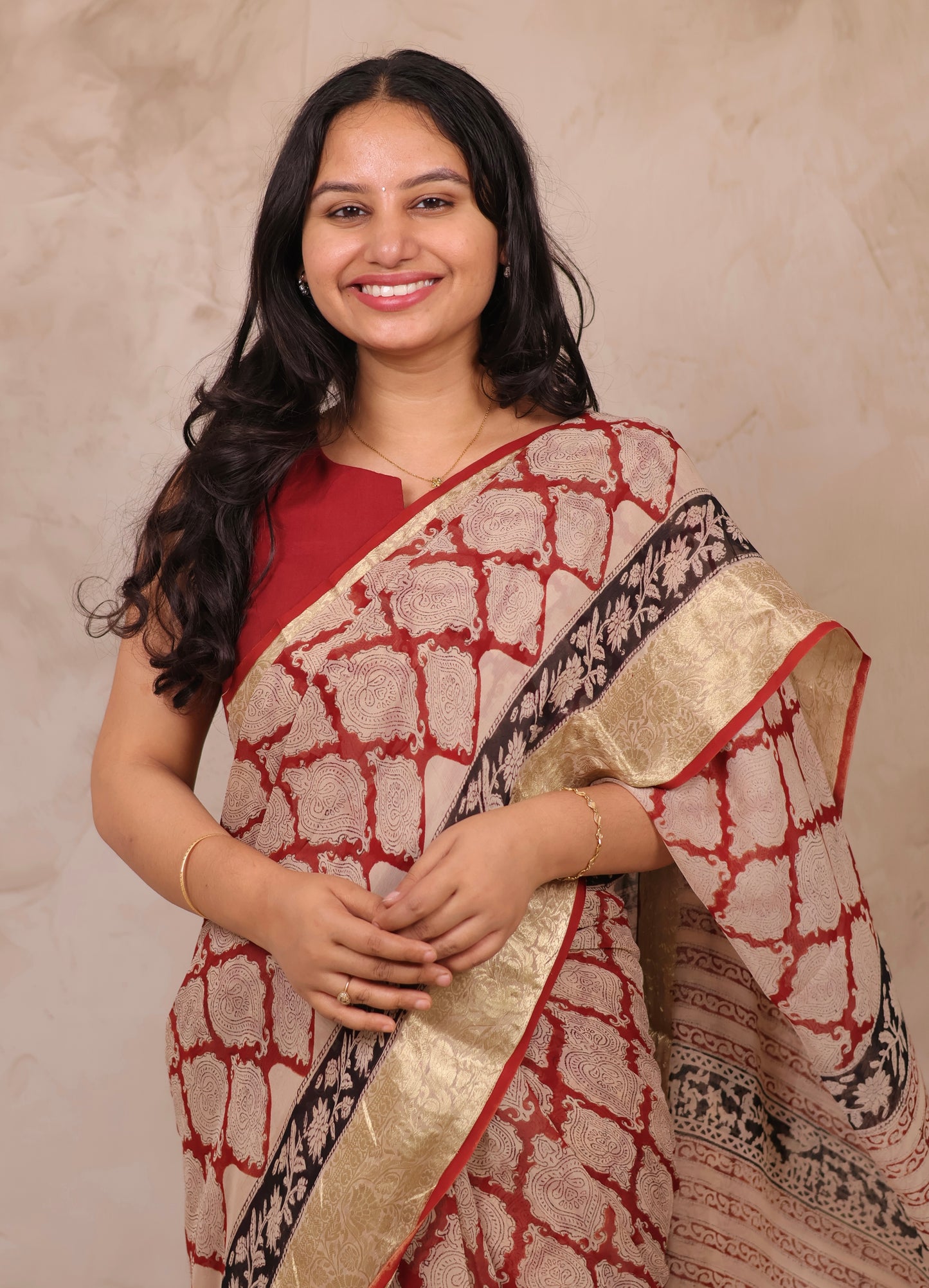 Maroon Chiffon Hand Block Printed Saree with Jari Border | Looms & Tassels