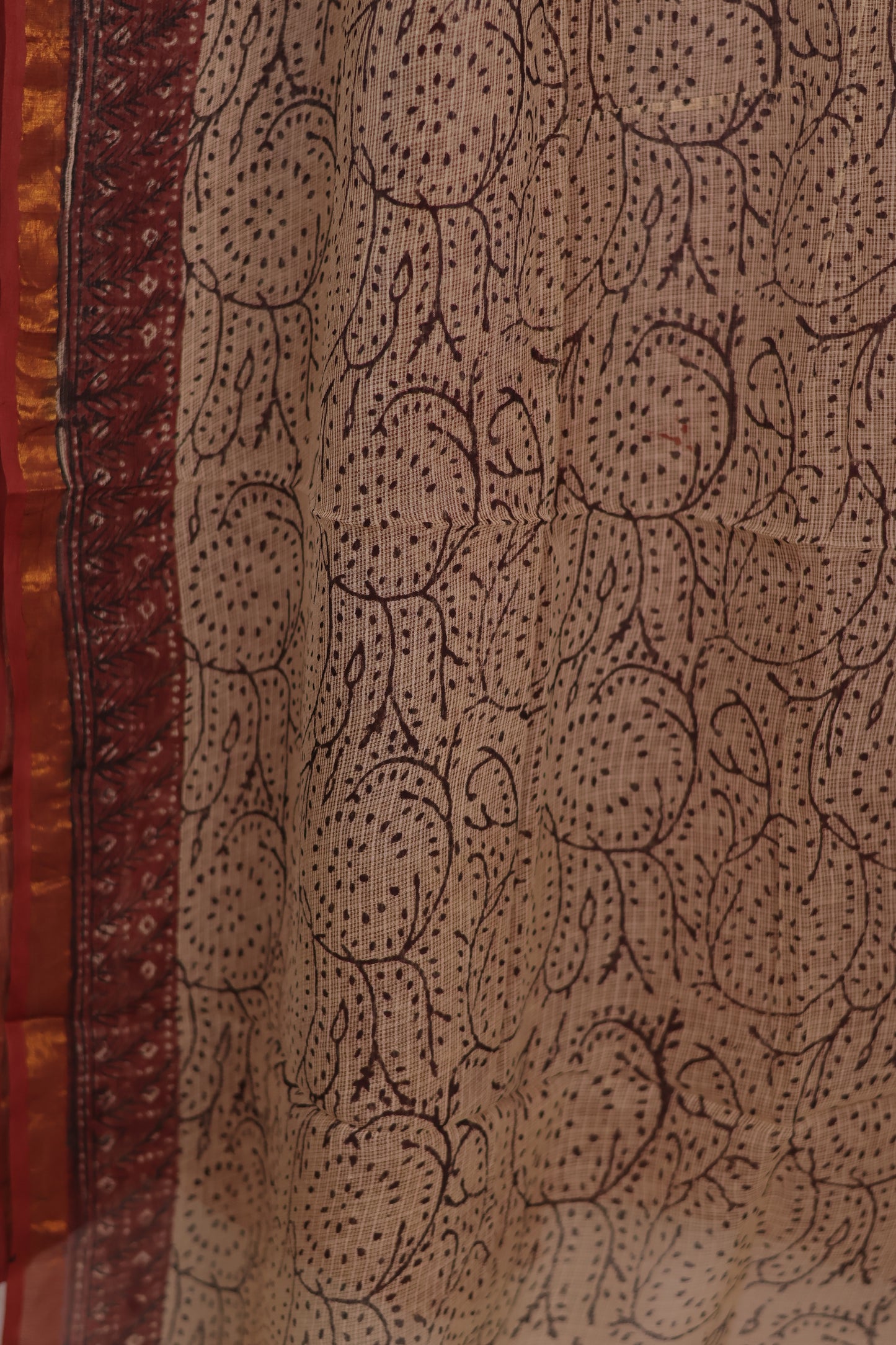 Brown Pure Kota Doria Saree with Bagru Handblock Prints | Looms & Tassels