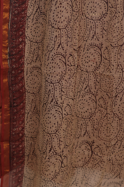 Brown Pure Kota Doria Saree with Bagru Handblock Prints | Looms & Tassels