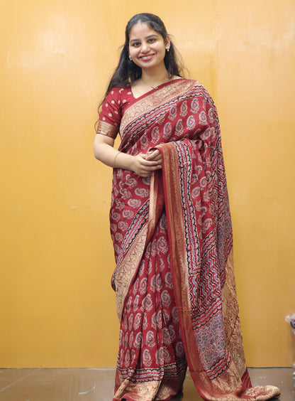 Maroon Butta Ajrakh Handblock Printed Dola Silk Saree