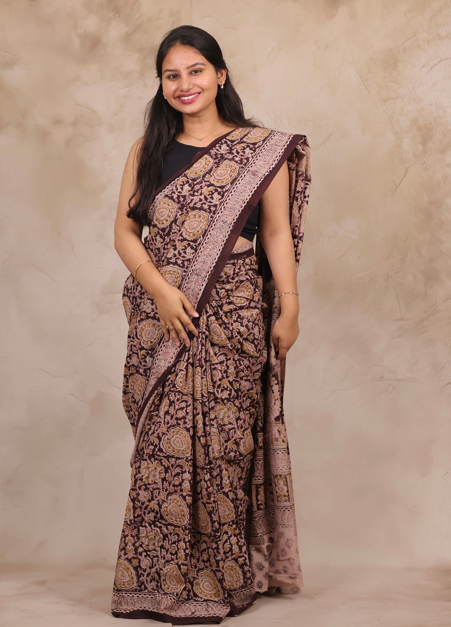 Maroon Hand Block Printed Kalamkari Cotton Saree | Looms & Tassels