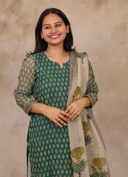 Green Handblock printed kota 3 piece suit (stitched)