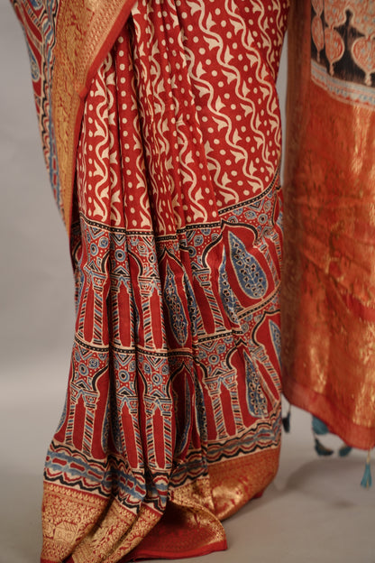 Red Ajrakh Handblock printed Dola Silk Saree | Looms & Tassels