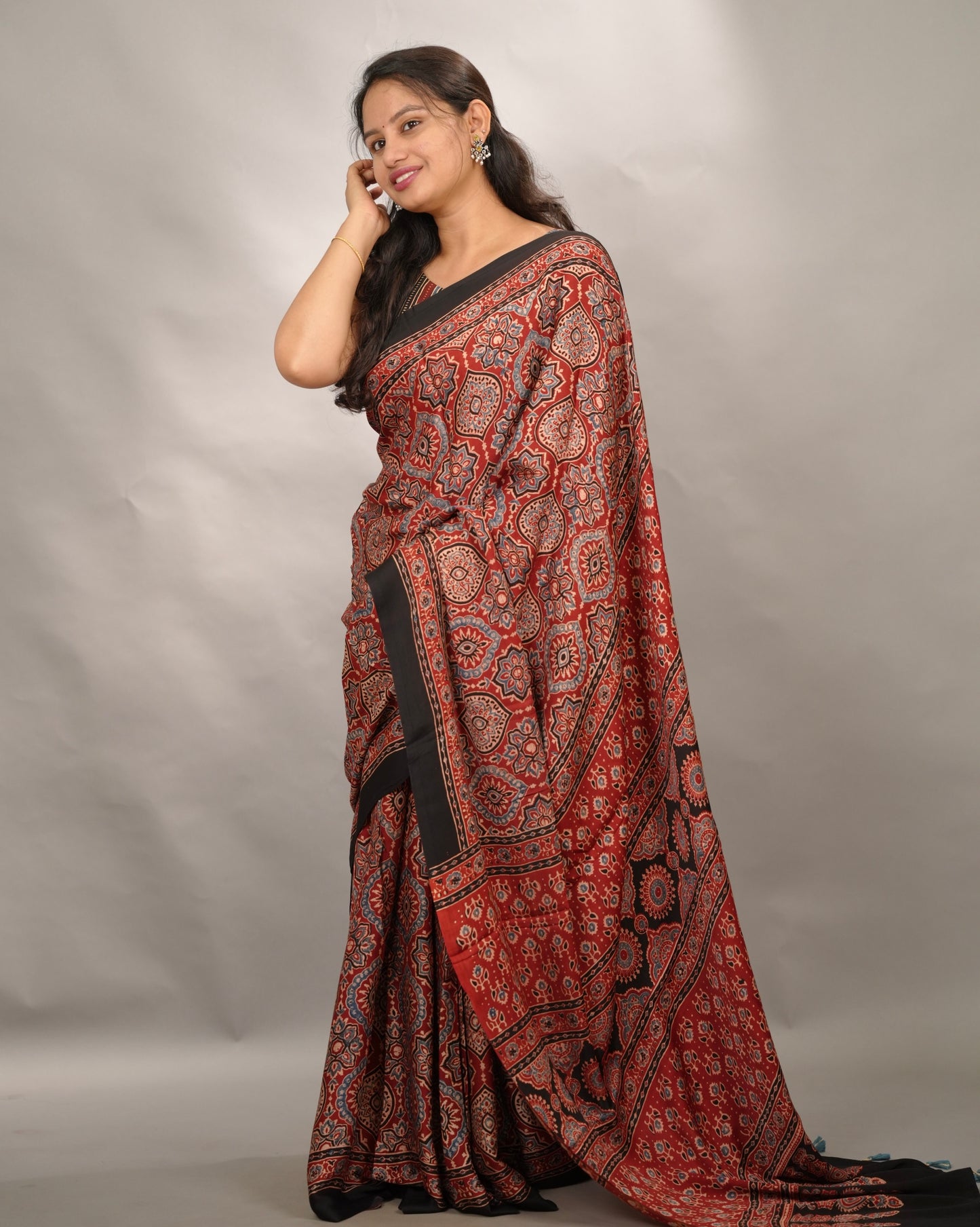 Maroon Badam Butta Authentic Ajrakh Handblock Printed Modal Silk Saree | Looms & Tassels
