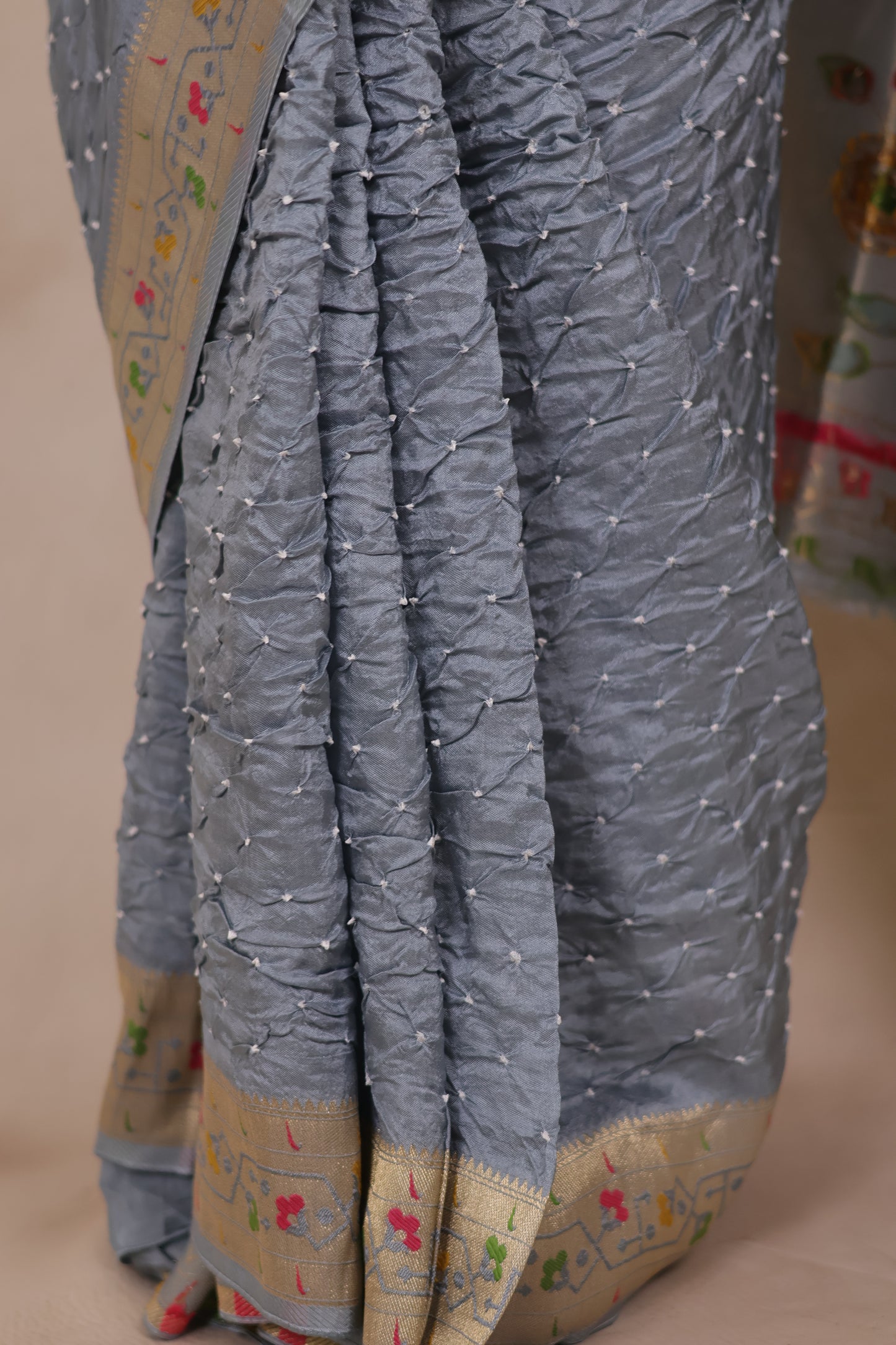 Grey Handcrafted Pattern Bandhani Paithani Dola Silk Saree | Looms & Tassels