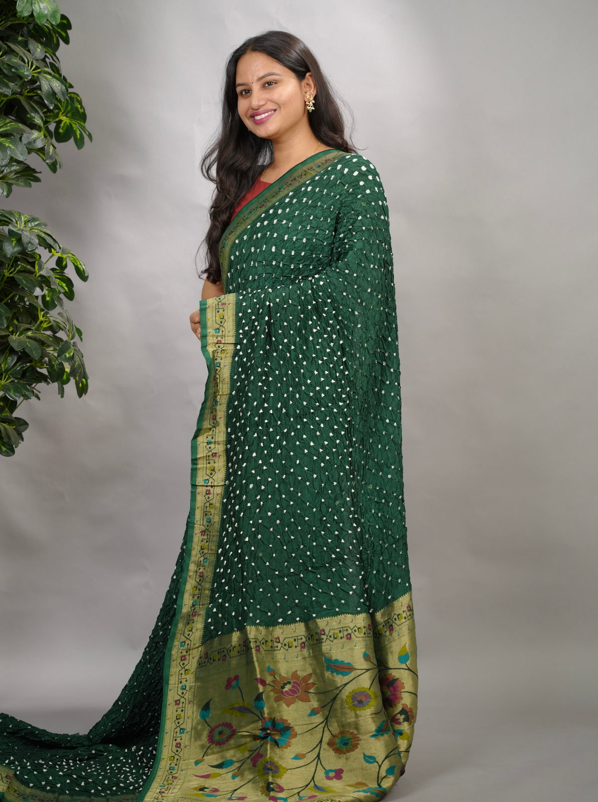 Green Handcrafted Bandhani Paithani Dola Silk Saree | Looms & Tassels
