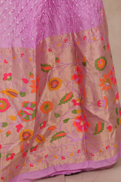 Pastel Lavender Handcrafted Bandhani Paithani Dola Silk Saree | Looms & Tassels