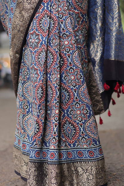 Indigo Ajrakh Dola Silk Saree