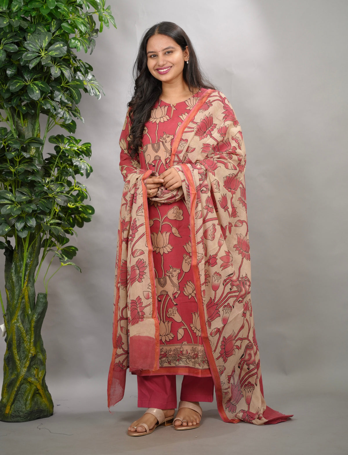 Pink Pichwai Kalamkari Kota Cotton 3 piece suit set (stitched) | Looms & Tassels
