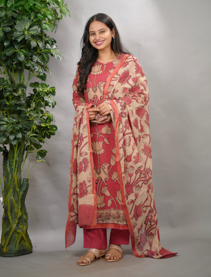 Pink Pichwai Kalamkari Kota Cotton 3 piece suit set (stitched) | Looms & Tassels