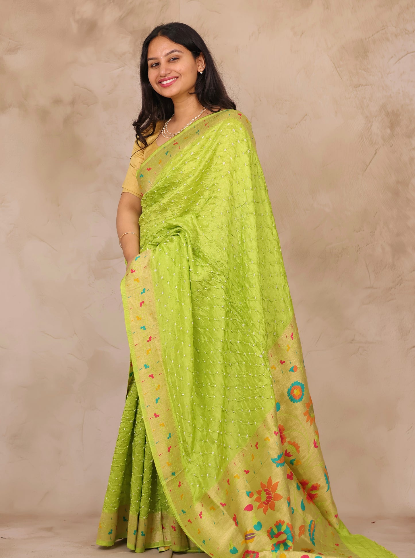 Pista Green Handcrafted Bandhani Paithani Dola Silk Saree | Looms & Tassels