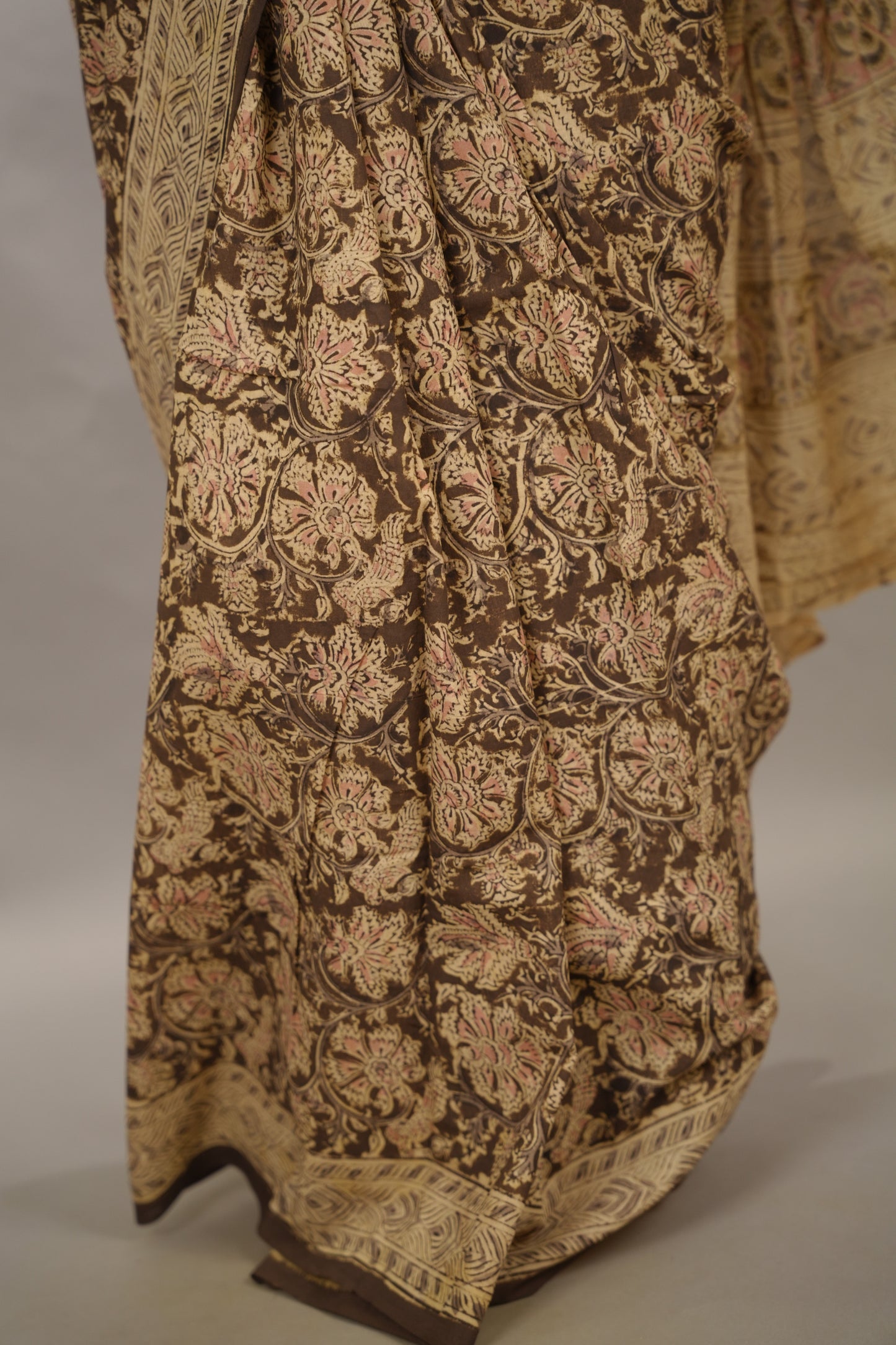 Mehendi Green Hand Block Printed Kalamkari Cotton Saree | Looms & Tassels