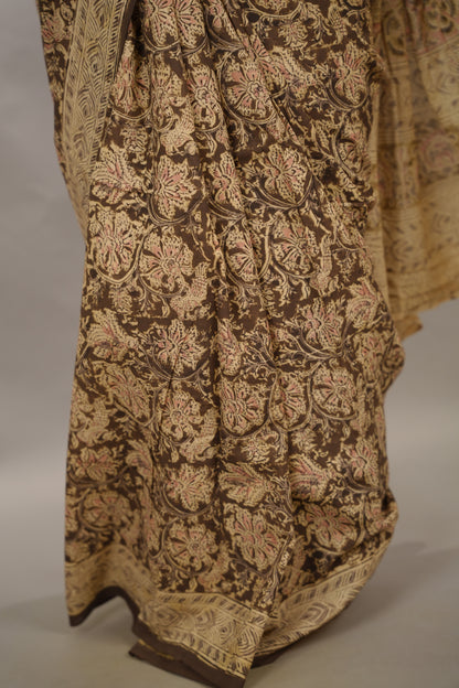 Mehendi Green Hand Block Printed Kalamkari Cotton Saree | Looms & Tassels
