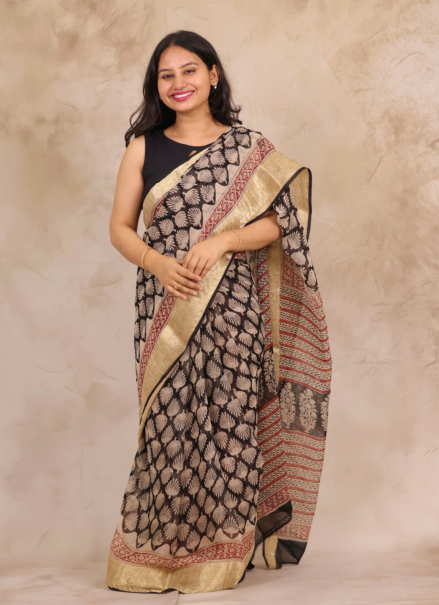 Black Chiffon Hand Block Printed Saree with Jari Border | Looms & Tassels