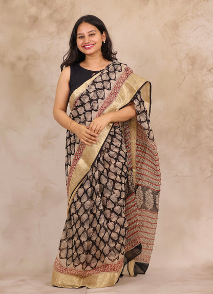 Black Chiffon Hand Block Printed Saree with Jari Border | Looms & Tassels