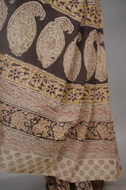 Grey Hand Block Printed Kalamkari Cotton Saree | Looms & Tassels